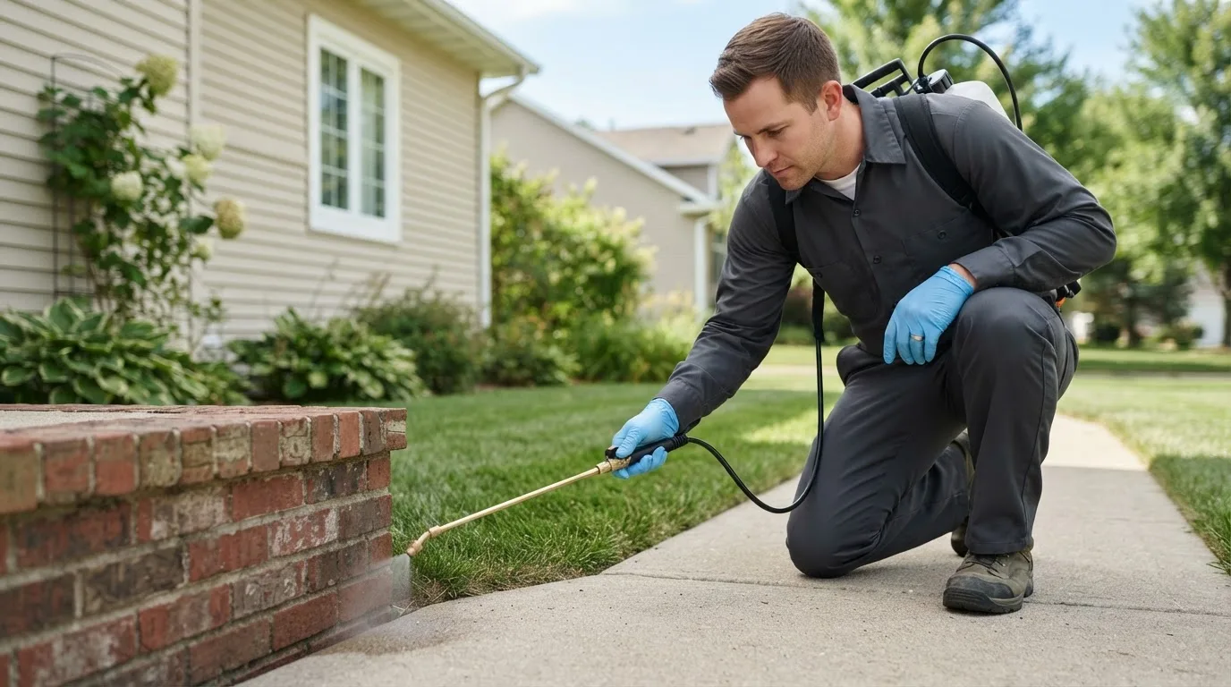 Pest control technician treating a home near Tippecanoe, IN